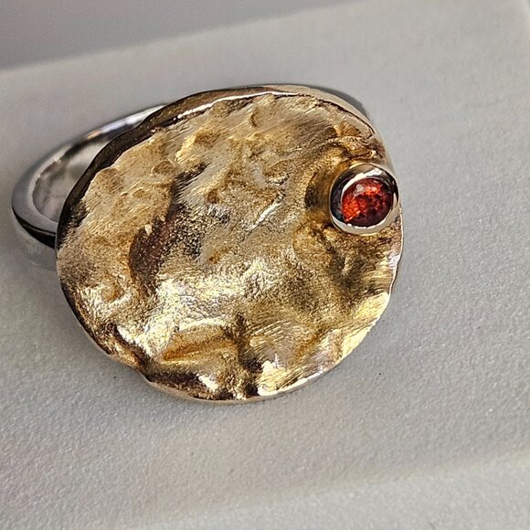 925 Sterling Silver Ring Cupped Disc w/ Garnet, 18K Gold Plated & Rhodium Finish - Picture 5 of 16